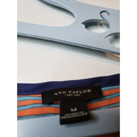 Ann Taylor Womens Sz M Blouse Short Sleeve Stripe Orange Blue Drawstring Waist - Picture 5 of 6